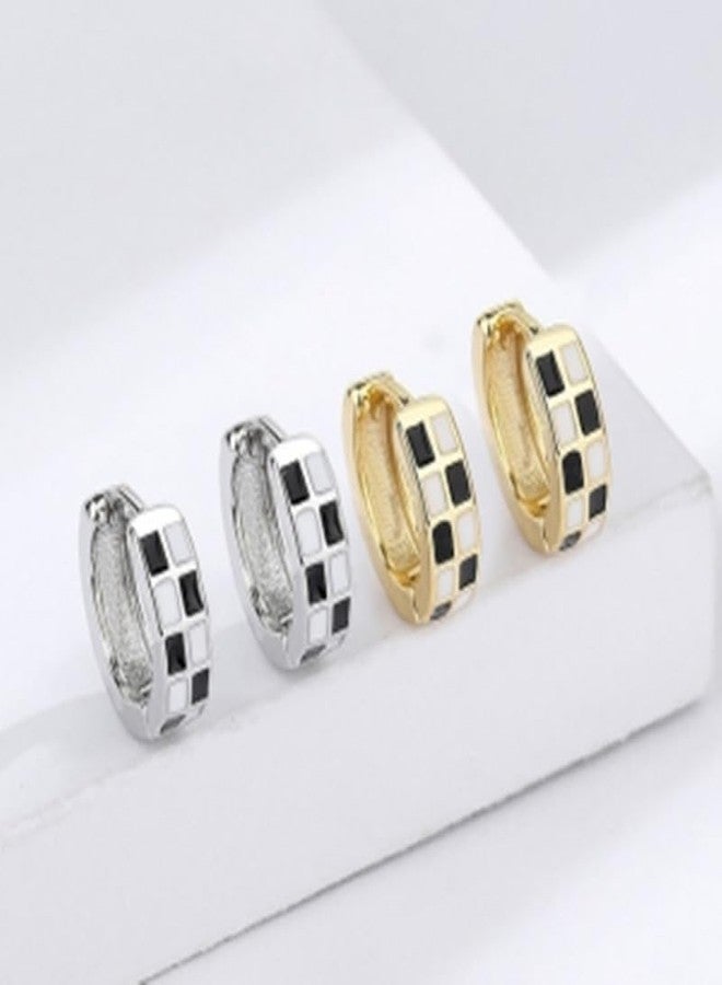 POYAMUSE Checkered Hoop Earrings for Women, Black White Checker Small Hoop Earrings Plated with 16K Gold for Women - Gold - Image 5
